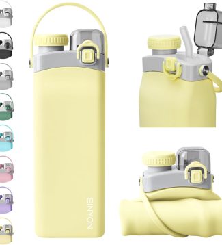 Collapsible Water Bottles, 20oz Silicone Reusable Water Bottle with Straw and Strap, Leakproof Foldable Sports Water Bottle for Travel Camping Running Hiking Gym, BPA Free