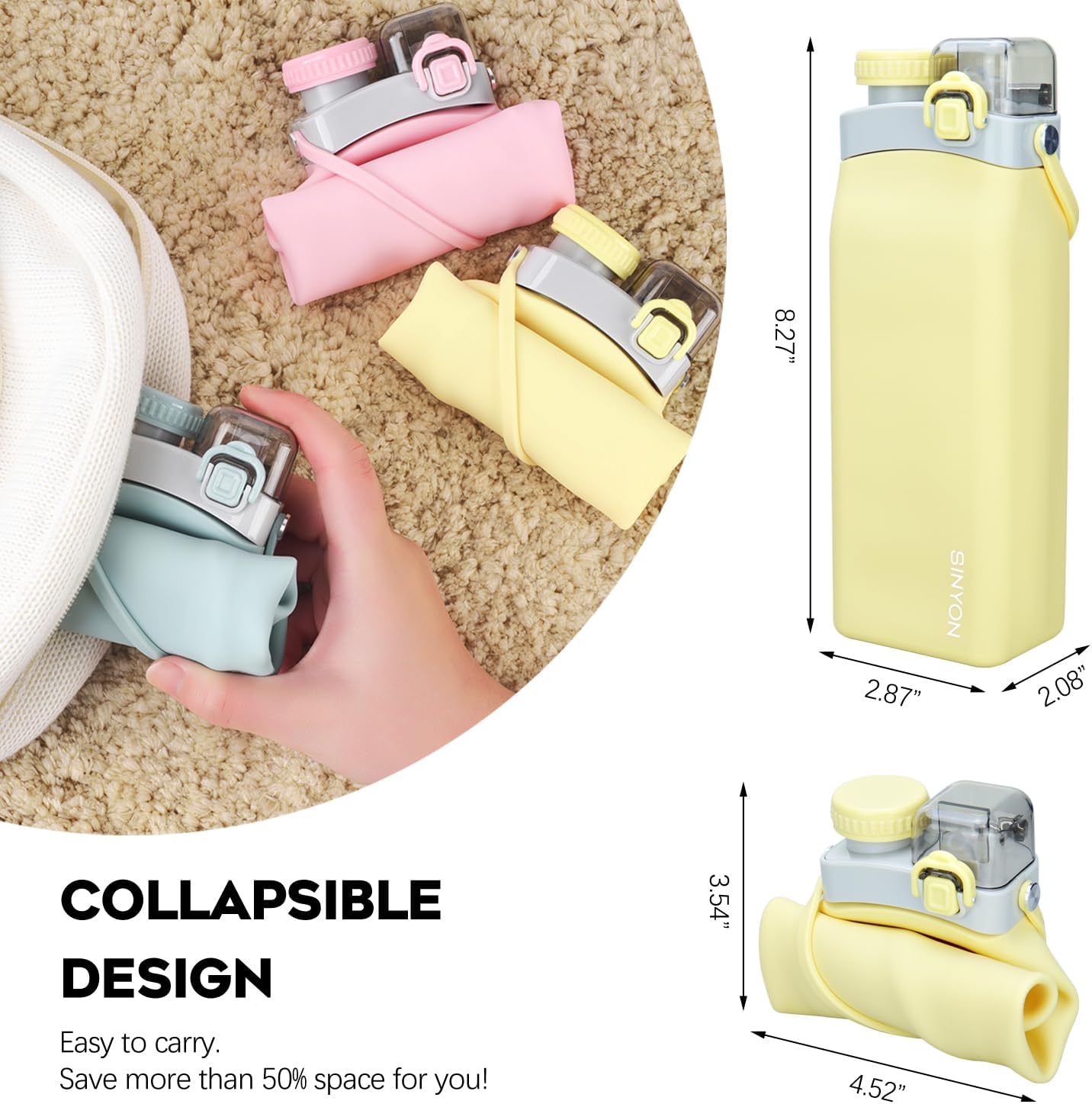 Collapsible Water Bottles, 20oz Silicone Reusable Water Bottle with Straw and Strap, Leakproof Foldable Sports Water Bottle for Travel Camping Running Hiking Gym, BPA Free - Image 2