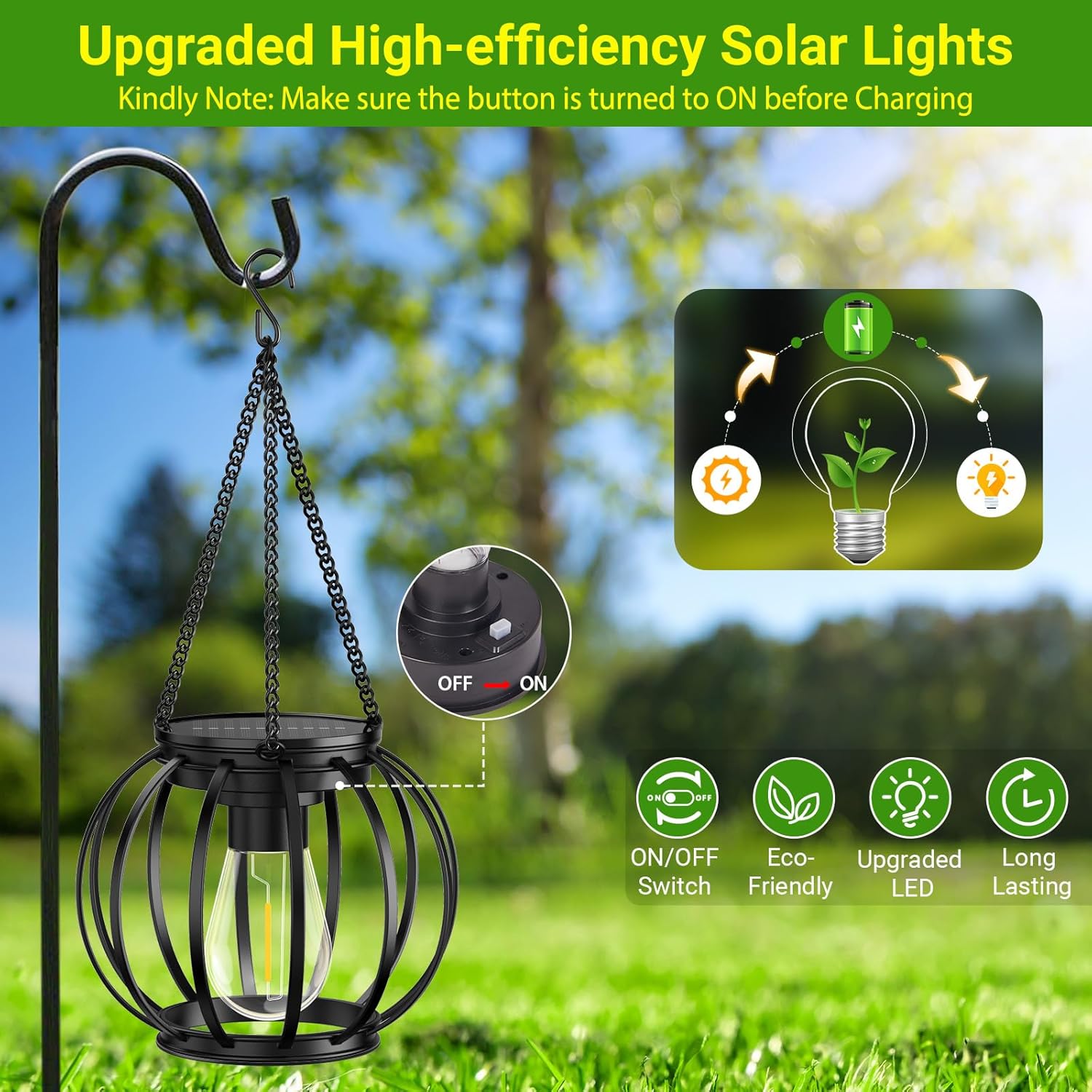 KOOPER Solar Lanterns Outdoor Lights, Upgraded Metal Solar Lantern, Brighter Hanging Solar Lights Outdoor Waterproof, Auto On/Off Solar Light for Yard Garden Patio Pathway Decor 2 Pack - Image 6